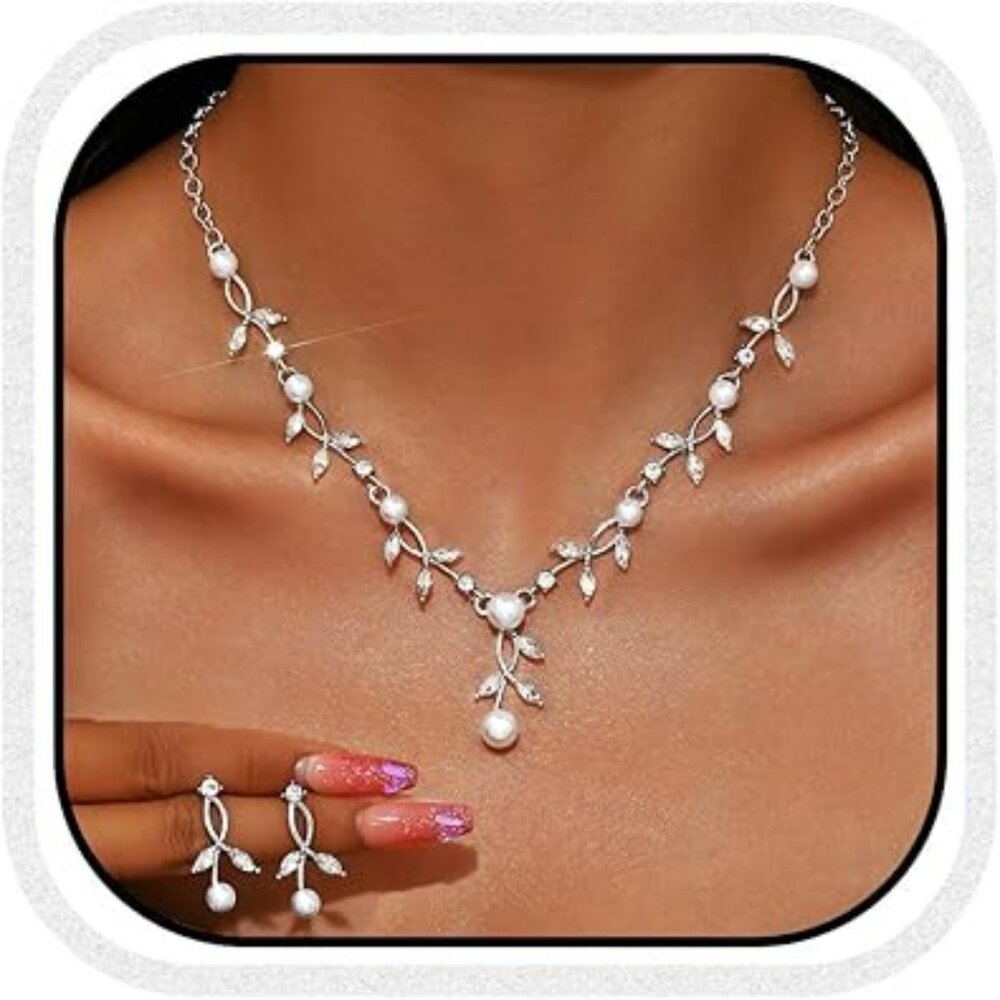 Silver Pearl Jewelry Set Rhinestone Necklace Earrings Sets‎ Classy Statement